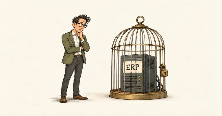 Ein nachdenklicher Unternehmer steht neben einem ERP-Server in einem verschlossenen Käfig.